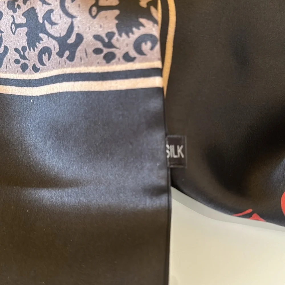 Black 100% Silk Scarf with Fringe Gold Asian Motif Print